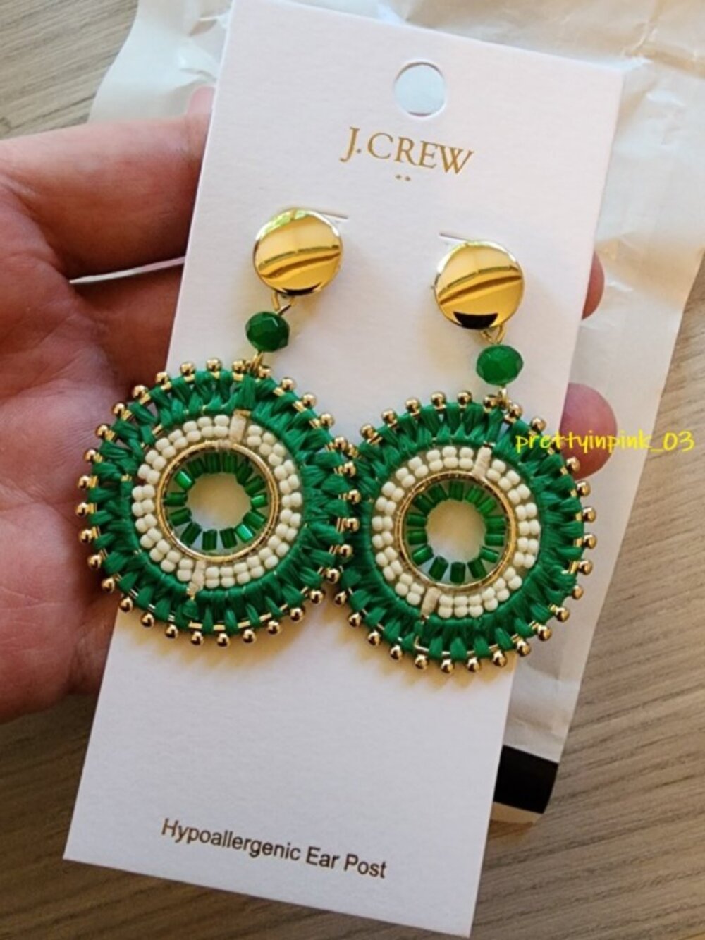 J.Crew Factory Green Gold Beaded circle statement earrings NEW